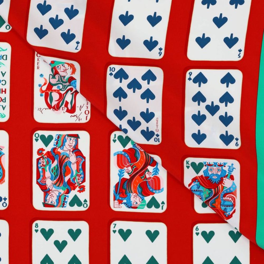 Hermes Jeu de Cartes Scarf Printed Silk 90 Print, Red, Multicolor - Picture 3 of 4